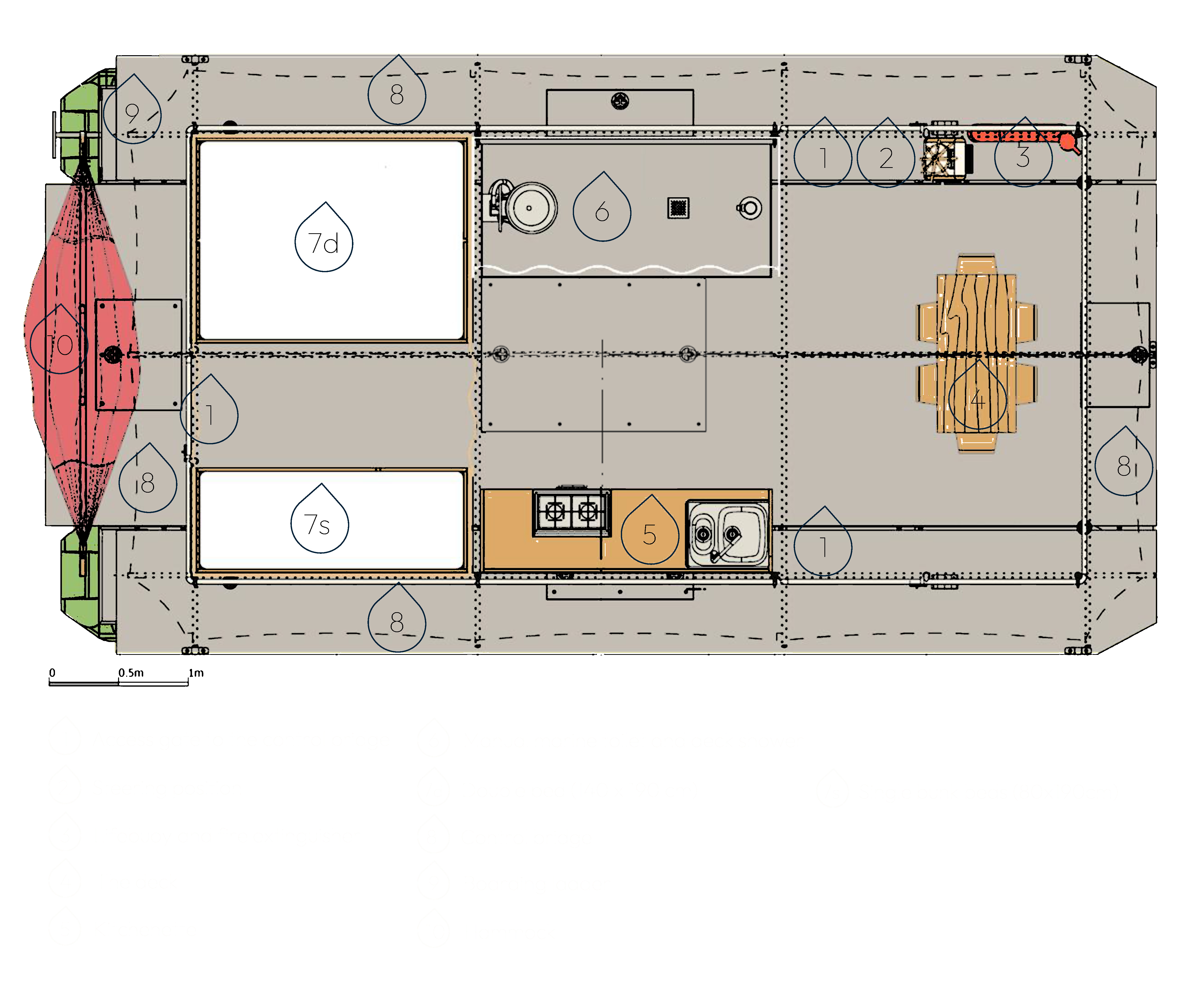 Deck plan of the Glamping Boat with numbered markers