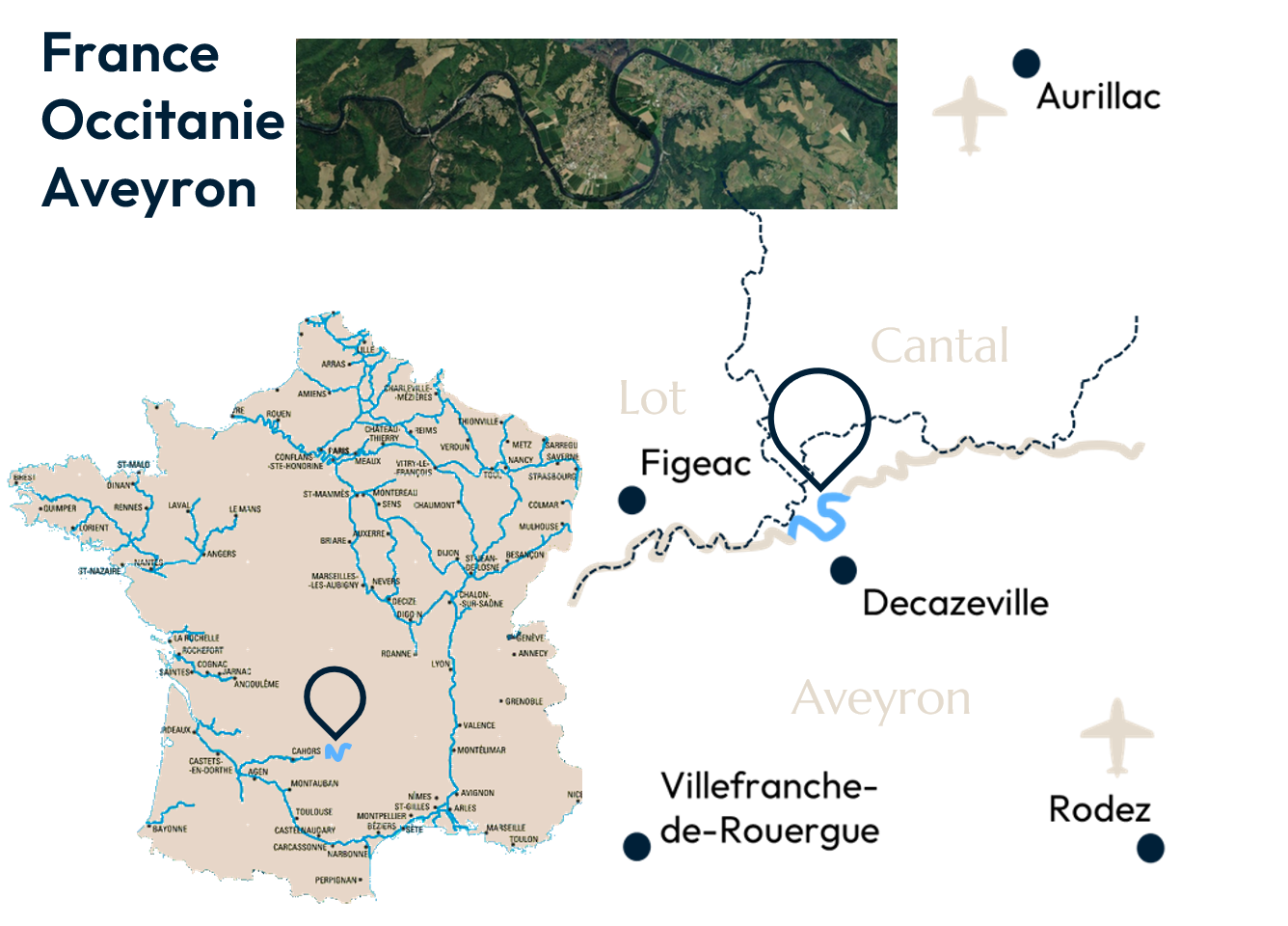 Map of France locating the Lot valley in Occitanie, Aveyron, between Figeac, Decazeville, Villefranche-de-Rouergue, Rodez and Aurillac