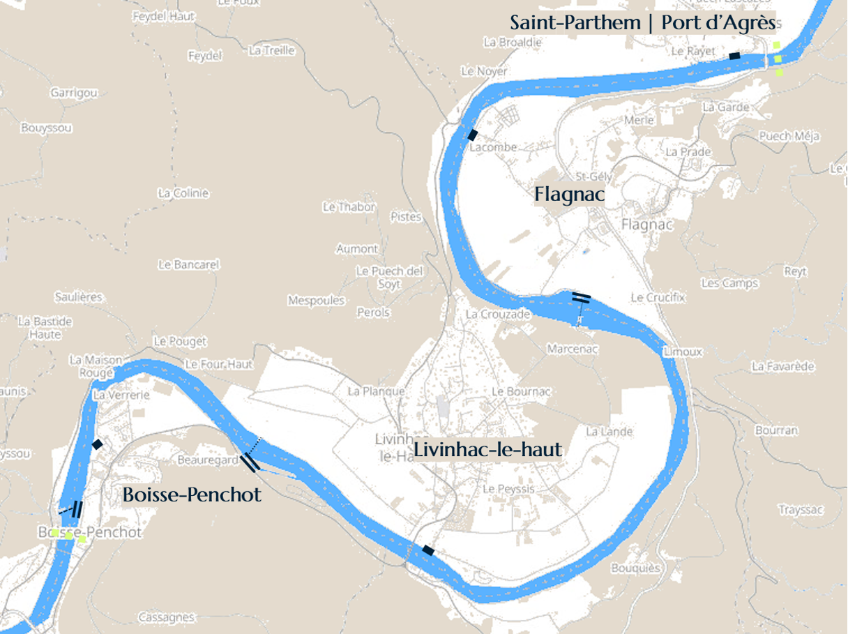 Map of the navigable Lot between Boisse-Penchot, Livinhac-le-haut, Flagnac and Saint-Parthem